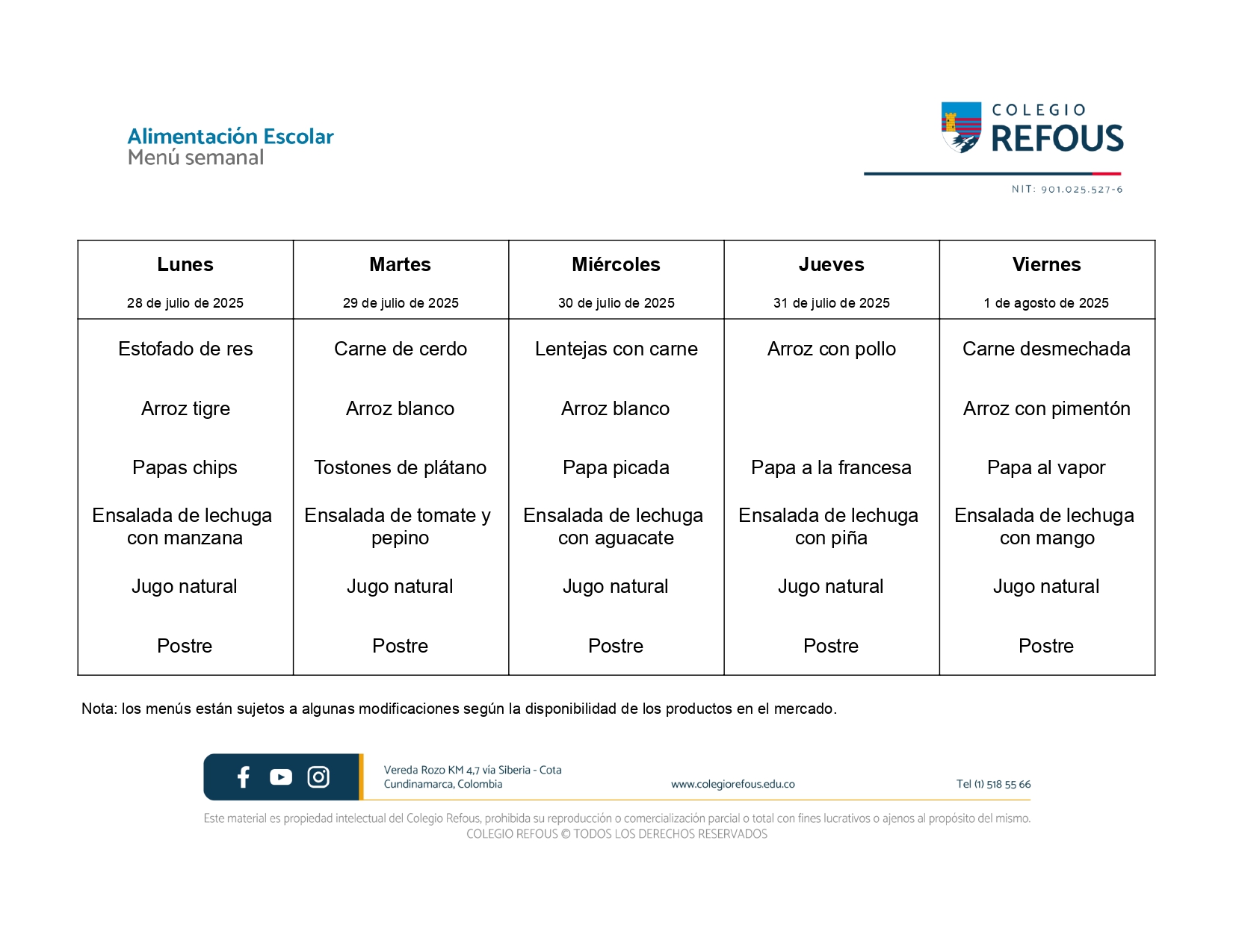 28 de julio al 1 de agosto de 2025 - Alimentación escolar