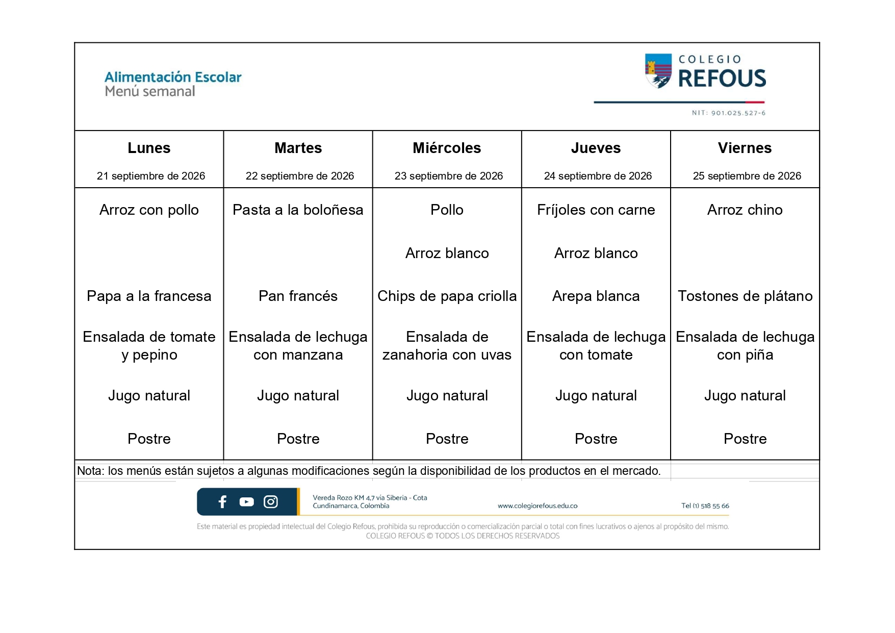 21 al 25 de septiembre de 2026 - Alimentación escolar